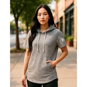 Under Armour Hoodie Shirt Womens Small Gray Short Sleeve Pullover Athletic Logo